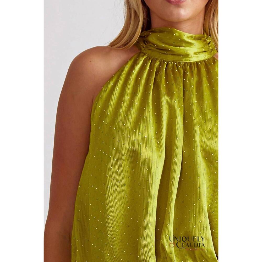 NEW ENTRO carola embellished halter top in martini olive - Picture 6 of 8